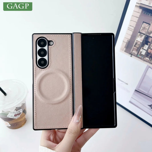 For Samsung Z Fold 7 Leather for Magsafe Wireless Charge Case For Samsung Galaxy Z Fold 7 6 5 4 3 Hinge Protect Armor 2in1 Cover