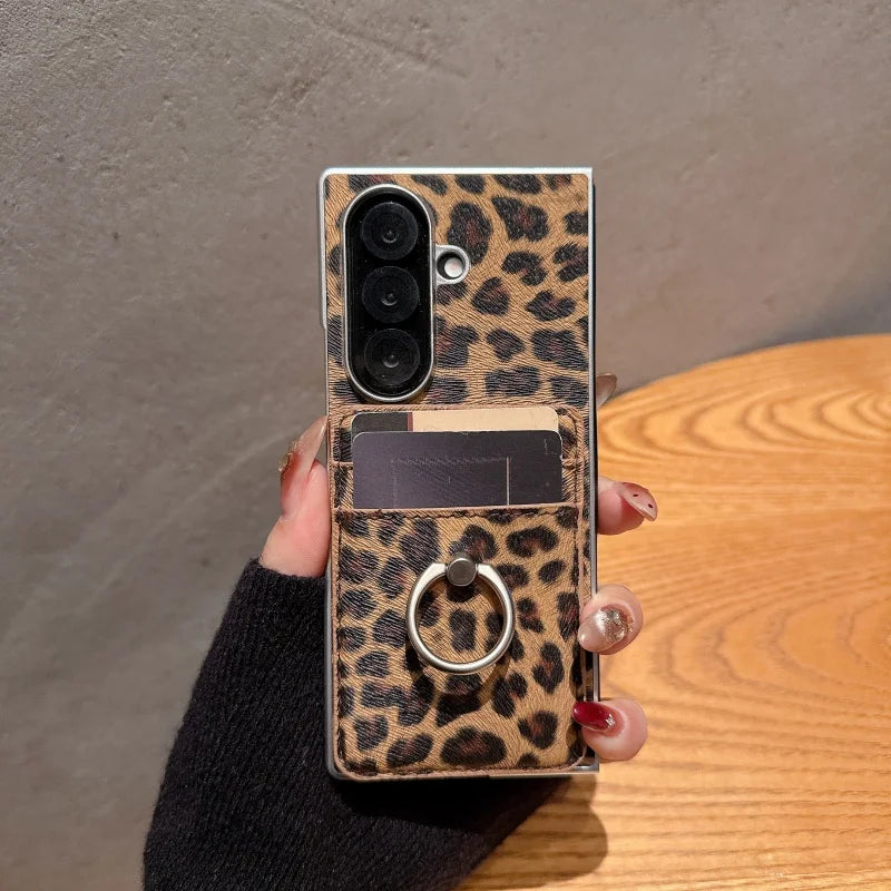 Fashion Leopard Print Magnetic Phone Case For Samsung Z Fold 7 6 5 4 ZFold5 Fold7 Cover with Magsafe Card Slot Holder Cute Cases