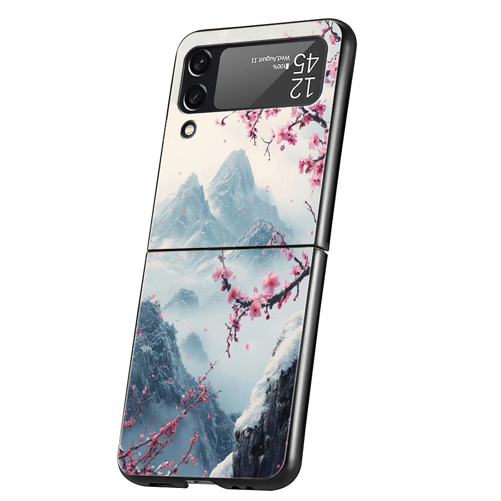 Hard PC Phone Case For Samsung Galaxy Z Flip 7 6 5 4 Black Cover For Galaxy Z Flip 3 Foldable Shockproof Pink Sunset Mountain