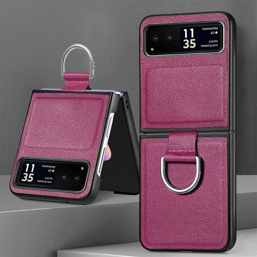 For Motorola Razr 50 Ultra Mooto Razr40 Phone Case with Ring Lychee Pattern PU Leather Razr50Ultra Folding Screen Back Cover