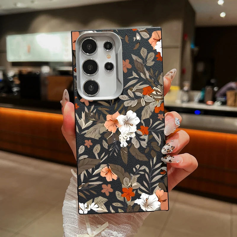 Flower Leaves Case For Samsung Galaxy A55 A35 A25 A15 5G A54 A34 A14 A53 A52 A16 S20 S21 FE S22 S23 S24 Ultra Leather Texture