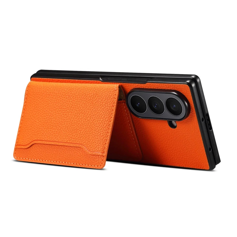 Luxury Litchi Leather Solt Card Holder Folding Wallet Case For Samsung Galaxy Z Fold 7 6 Fold5 Shockproof Soft Silicone Cover