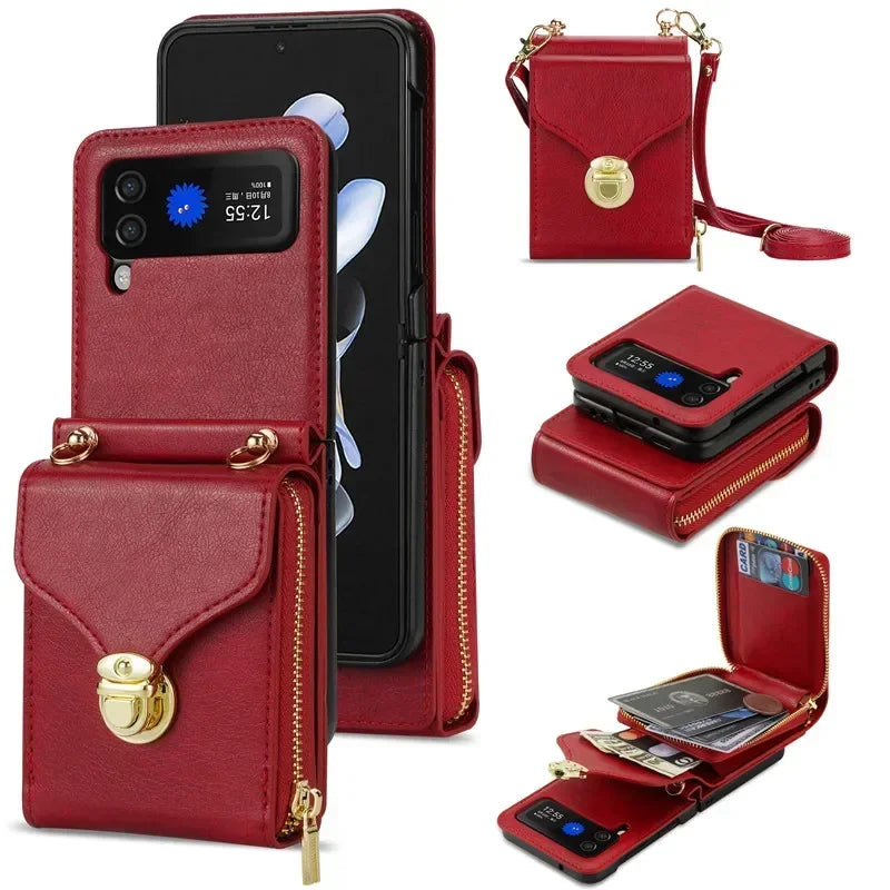 Lanyard Leather Zipper Wallet Card Slot Phone Case for Samsung Galaxy Z Flip 6 5 4 3 Lanyard Purse Bag Flip Stand Cover Back Bag
