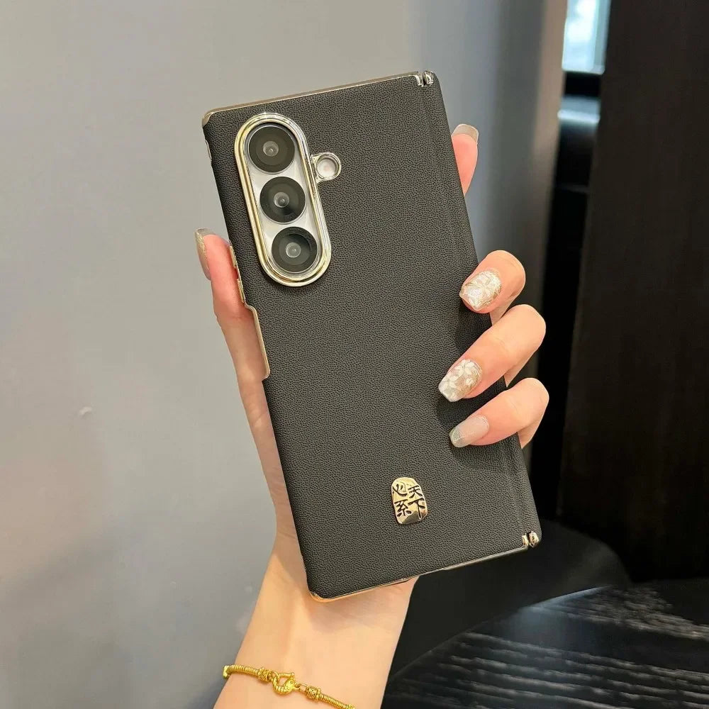 Luxury Leather Glossy Frame Case For Samsung Galaxy Z Fold7 Fold 7 5G Dual Axis Double Hinge Shockproof Armor Back Cover