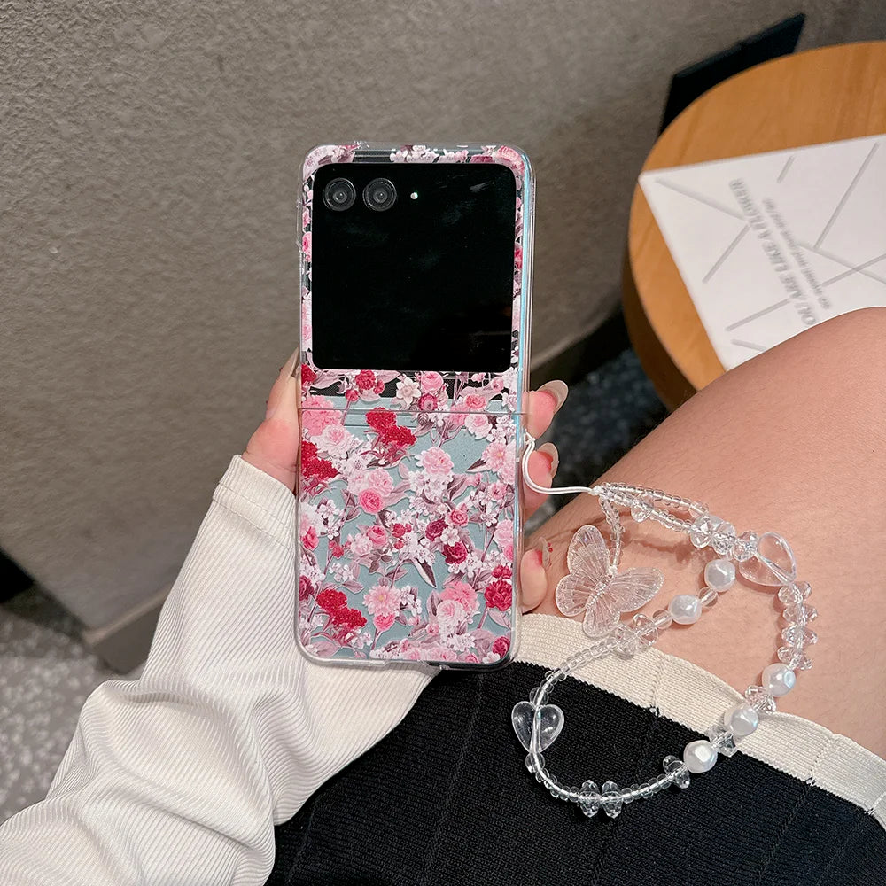 For Motorola Razr 40 50 Ultra 40Ultra Case Flower Transparent Bracelet Folding Shockproof Protection Hard Cover Accessories