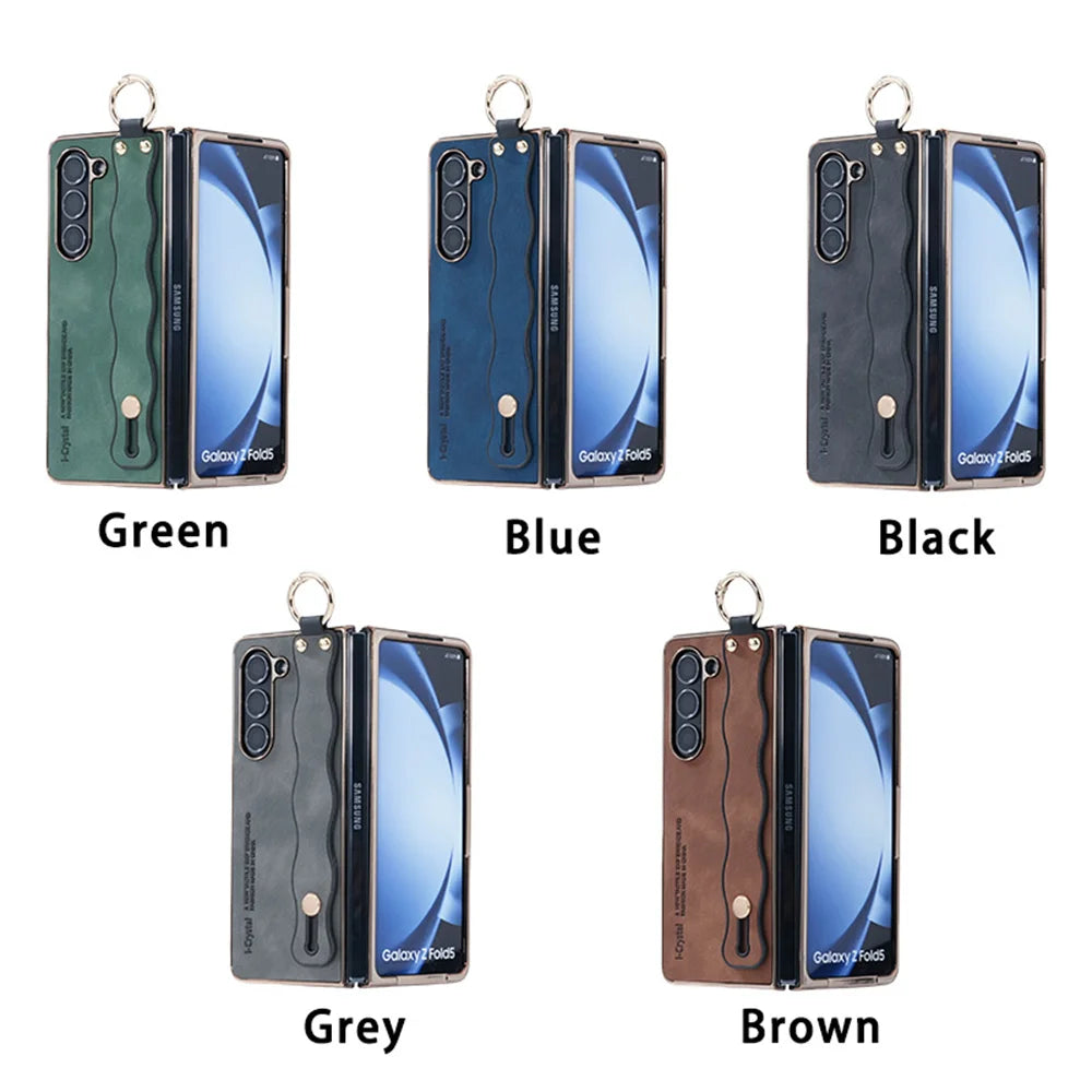for Z Fold 7 Fashion Wave Wristband Leather Folding Case For Samsung Galaxy Z Fold 3 4 5 6 Zfold6 Fold7 Ring Buckle Holder Cover