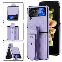 Leather Wristband Phone Case for Samsung Galaxy Z Flip 5 4 5G Flip5 Zflip 6 Wrist Strap Thin Skin Feeling Shockproof Stand Cover