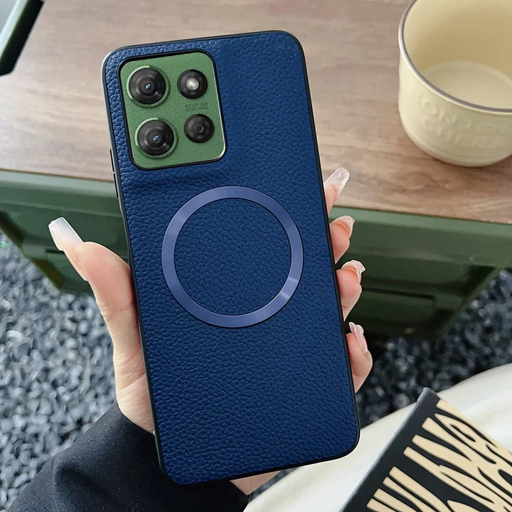 With Magsafe Magnetic Plain Leather Lychee Case For Moto G 2025 G Power 2025 G15 Power G05 G55 G35 G45 E15 Camera protect Cover