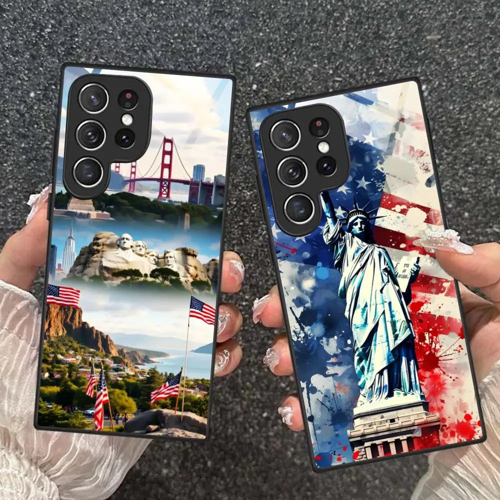USA America Flag Mobile Cell Phone Case for Samsung Galaxy S26 S25 S24 S23 S22 S21 S20 Note20 Plus FE Ultra Glass Colorful Cover