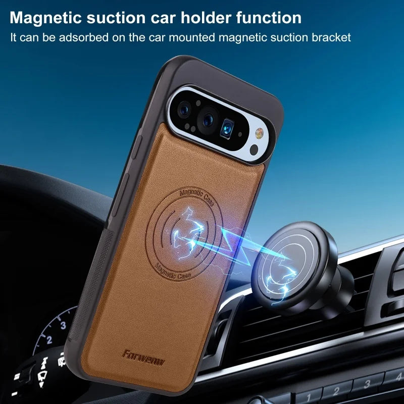 Luxury PU Leather Car Magnetic Phone Case for Google Pixel 10 Pro XL Pro 9A 9 7A 7 6A 6 Back Cover Wireless Charging Hoesje Bag