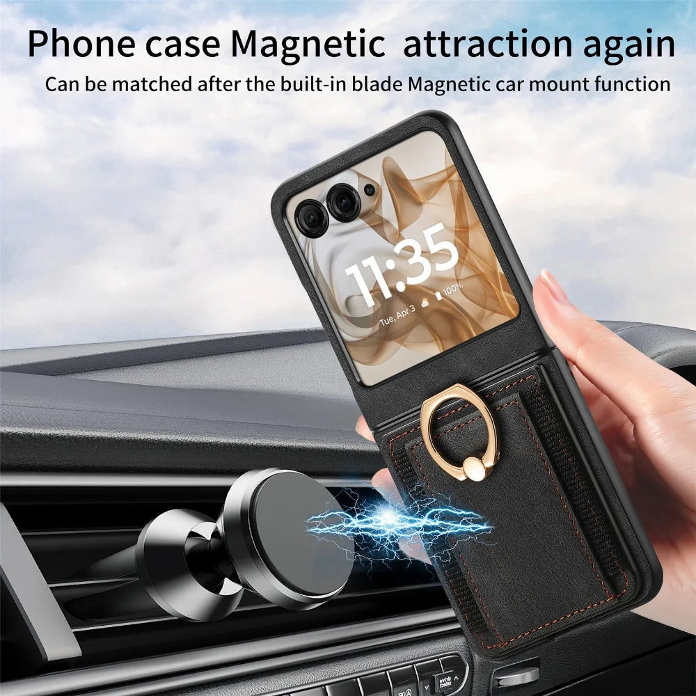 For Motorola Razr 50 Ultra Mooto Razr40 Retro Plain PU Leather Card Slot Holder Wallet Phone Case Ring Bracket Shockproof Cover