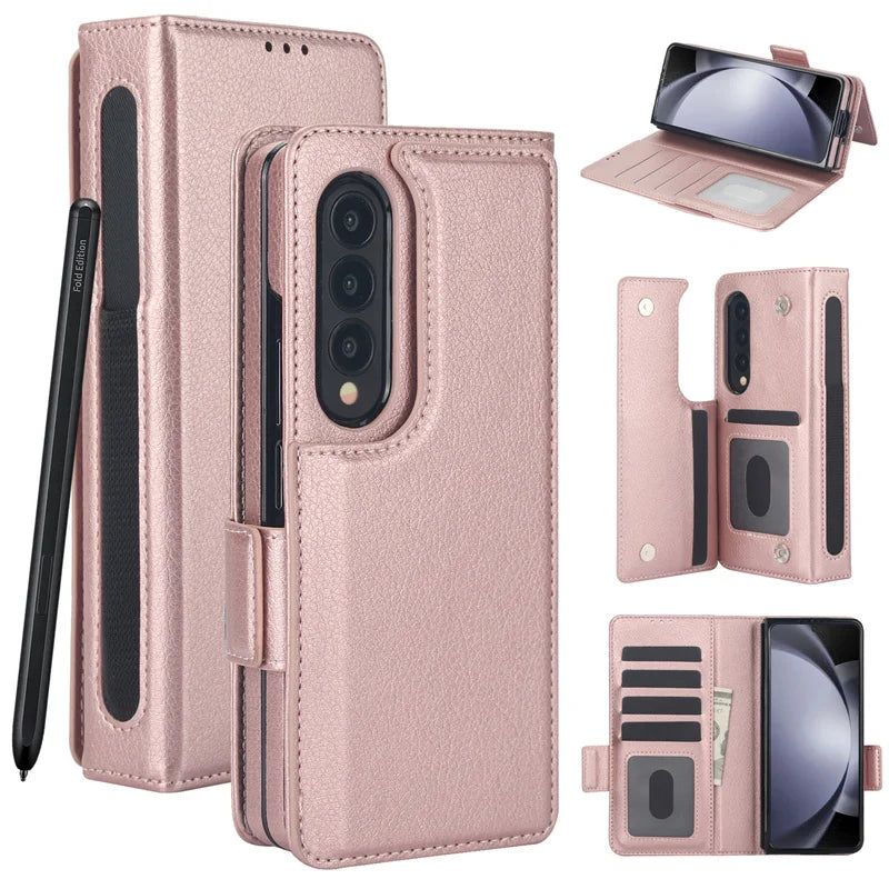For Samsung Galaxy Z Fold 7 6 Leather Foldable Card Insert Pen Slot Phone Case For Z Fold5 Z Fold 3 4 Flip MultiFunctional Stand