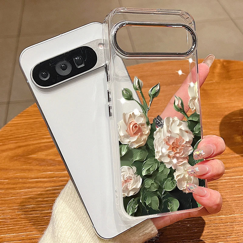 Rose Flowers Pattern Phone Case For Google Pixel 10 9 Pro XL 10 9 8 7 Pro 9A 8A 7A Shockproof Plating Soft TPU Transparent Cover