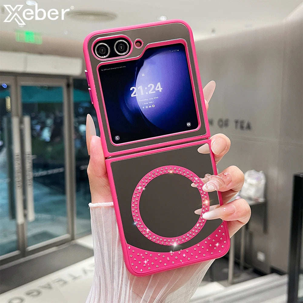For Magsafe Glitter Diamond Magnetic Case For Samsung Z Flip 6 5 flip 4 3 flip6 zflip6 5G Wireless Charging Make Up Mirror Cover