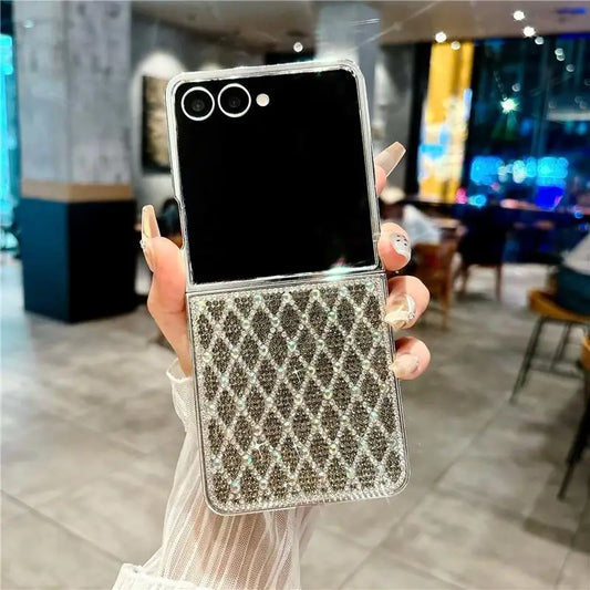 Glitter Bling Plaid Diamond Phone Case For Samsung Galaxy Z Flip 7 Flip6 ZFlip 5 4 Luxury Rhinestone High-end Plating Hard Cover