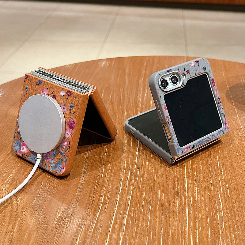 Purple Flower Print Case For Samsung Galaxy Z Flip 6 5 4 3 Magnetic For Magsafe Folding Cover For Samsung Z Flip6 Flip5 Flip4