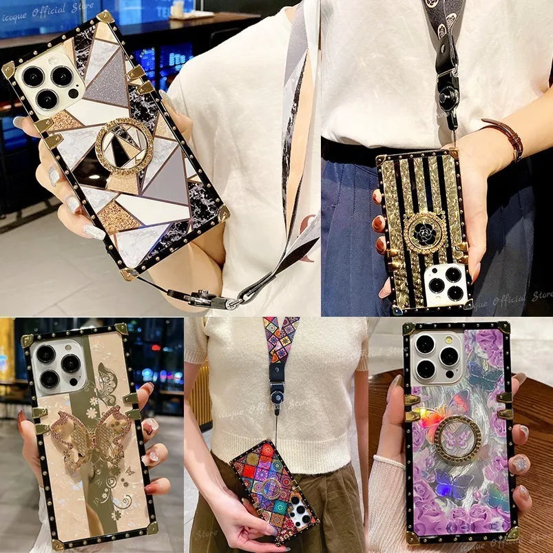 Luxury Phone Case Ring Funda For Moto G Stylus 5G 2024 Motorola G Power 2023 One 5G Ace Play 2022 Pure Women Lanyard Gold Cover