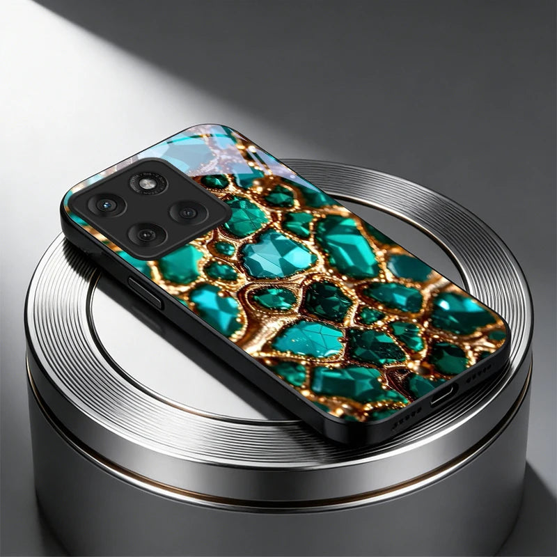 Luxury Green Gem Golden Black Glass Phone Case For Motorola Moto Edge 60 70 20 Lite 30 Pro 40 50 Ultra G45 G54 G55 G75 84 Cover