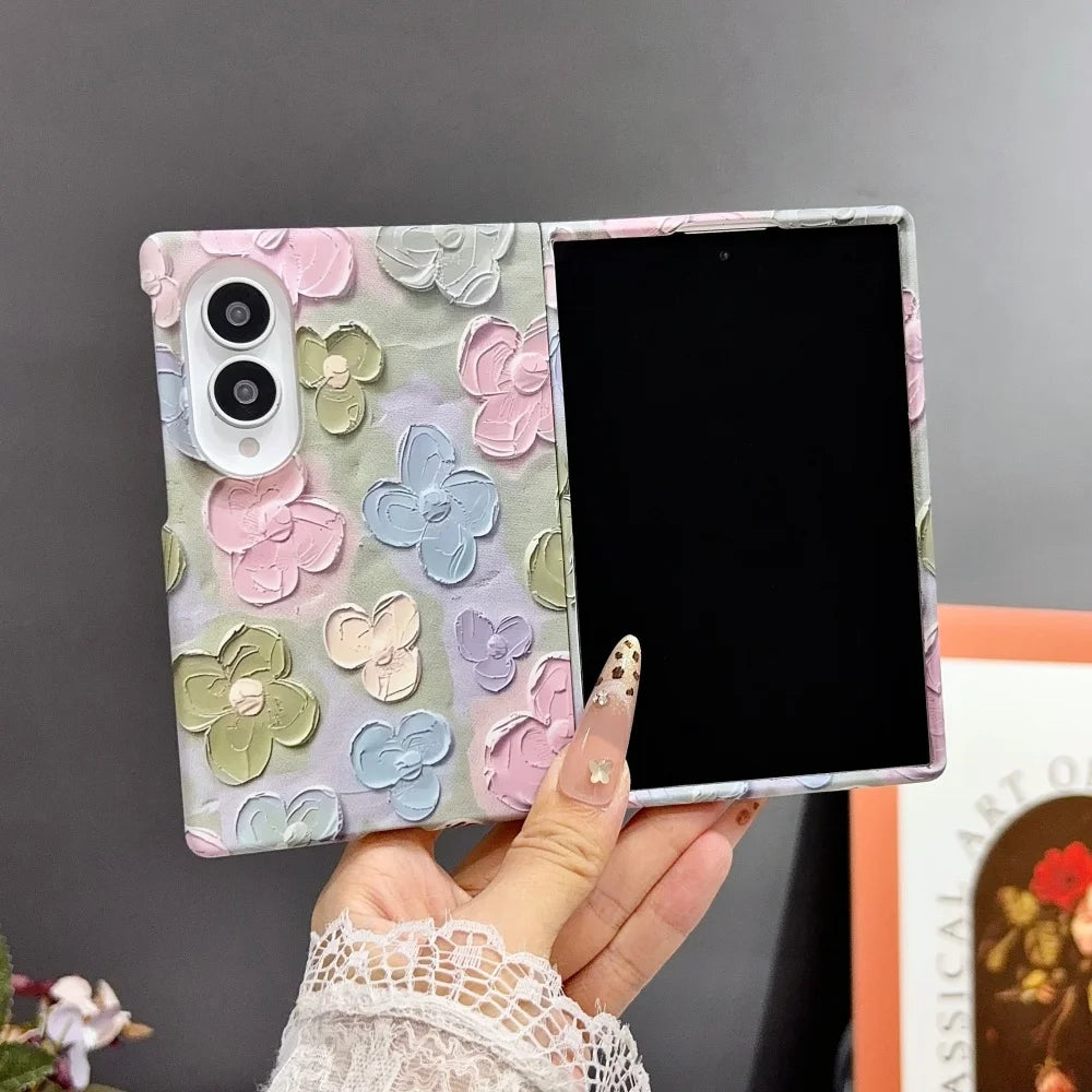 INS Relief Colorful Oil Painting Flower Lanyard All-inclusive Case For Samsung Galaxy Z Fold 8 Ultra Fold 7 Wrist Strap PC Cover