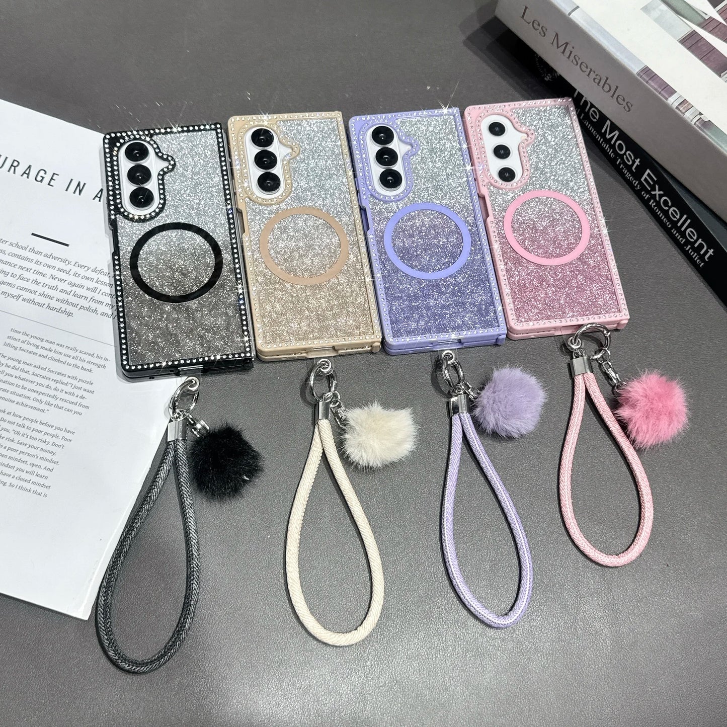 For Samsung Galaxy Z Fold 7 6 5 4 3 For Magsafe Case Bling Glitter Transparent Bracelet Folding Protection Hard Back Cover Funda