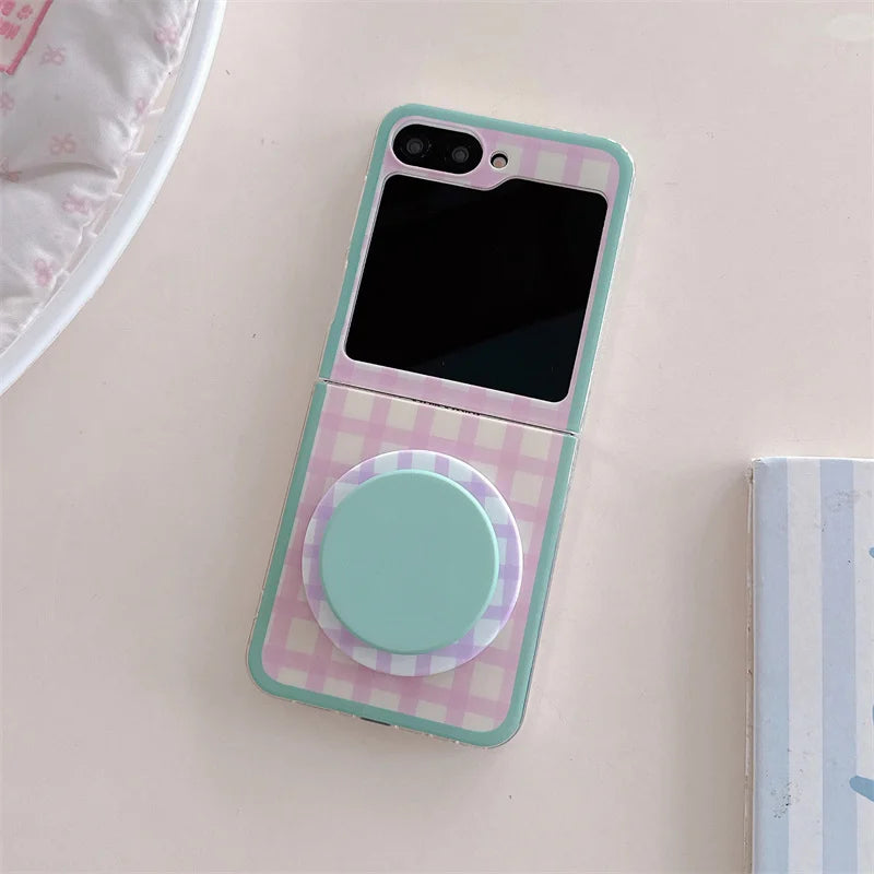 Korean Color Plaid Pattern Magnetic Phone Case For Samsung Galaxy Z Flip 7 6 5 4 Flip6 Flip7 Cover with Magsafe Stand Cases Capa