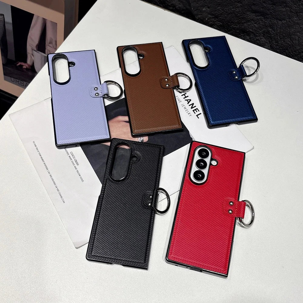 Luxury PU Leather Ring Bracket Phone Case For Samsung Galaxy Z Fold 7 6 5 4 3 Solid Color Shockproof Protection Folding Cover