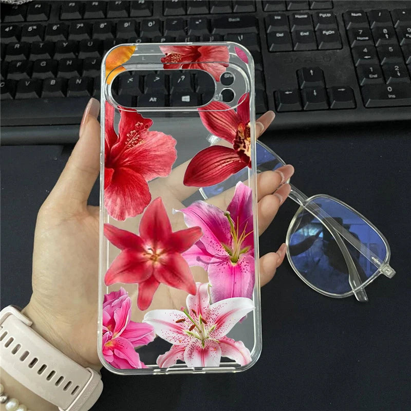 Elegant Pink Lily Pattern Phone Case For Google Pixel 8A 9 Pro XL 8 Pro 10 7 6A 5G Flower Hibiscue Transparent Soft TPU Cover