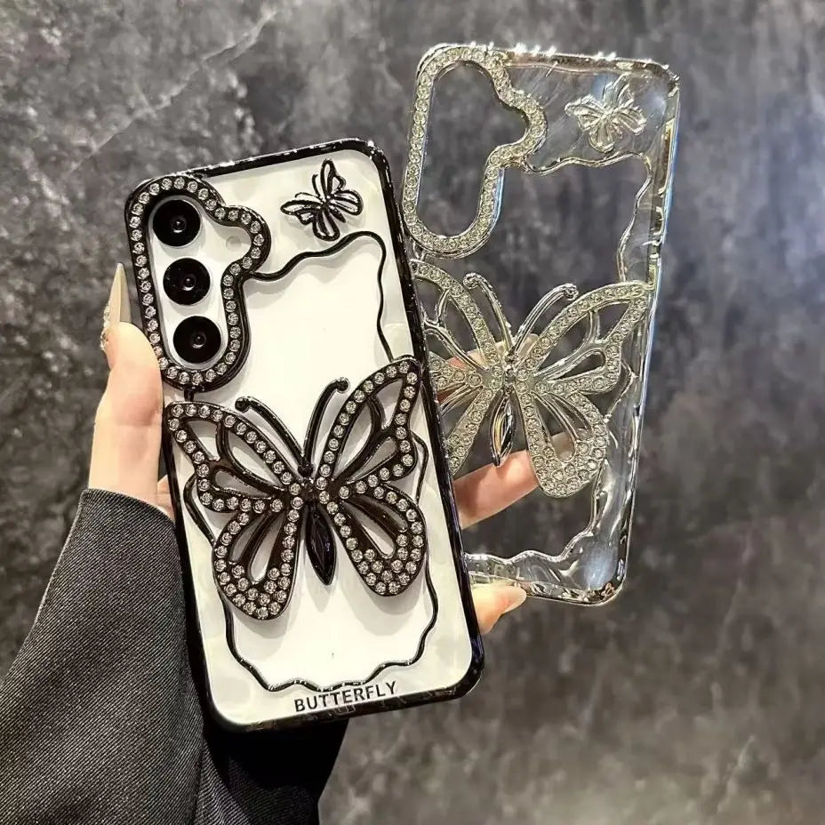 Bright Diamond Butterfly Case For Samsung Galaxy S25 S24 S23 S22 Plus Ultra A16 A26 A36 A56 A07 A17 A06 A55 A05S Clear Cover