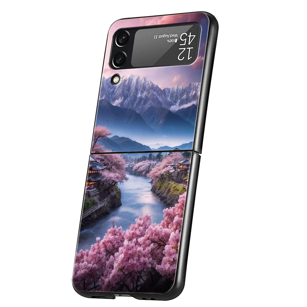 Hard PC Phone Case For Samsung Galaxy Z Flip 7 6 5 4 Black Cover For Galaxy Z Flip 3 Foldable Shockproof Pink Sunset Mountain