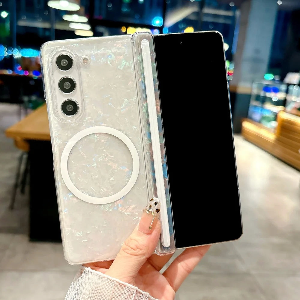 Dreamy Shell Pattern Magnetic Hinge Case For Samsung Galaxy Z Fold 7 6 5 4 5G Wireless Charging Ultra Thin Hard PC Bumper Cover