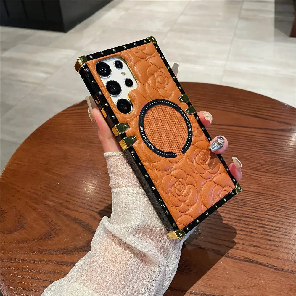 For Magsafe Wireless Charging 3D Flower Leather Case For Samsung Galaxy S26 S25 S24 Ultra S23 Plus S23FE S22 TPU Cover Shell