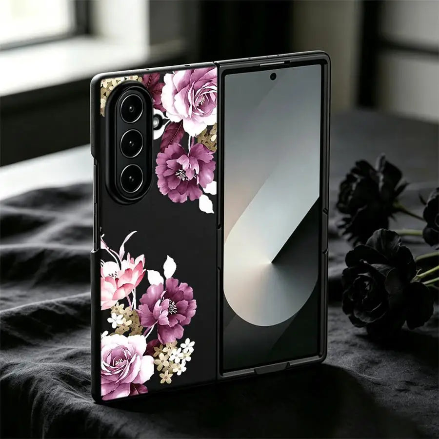 Purple Peony Print Case for Samsung Galaxy Z Fold 8 Z Fold 7 6 5 4 3 ZFold3 ZFold4 ZFold6 ZFold7 ZFold5 Back Phone Cover