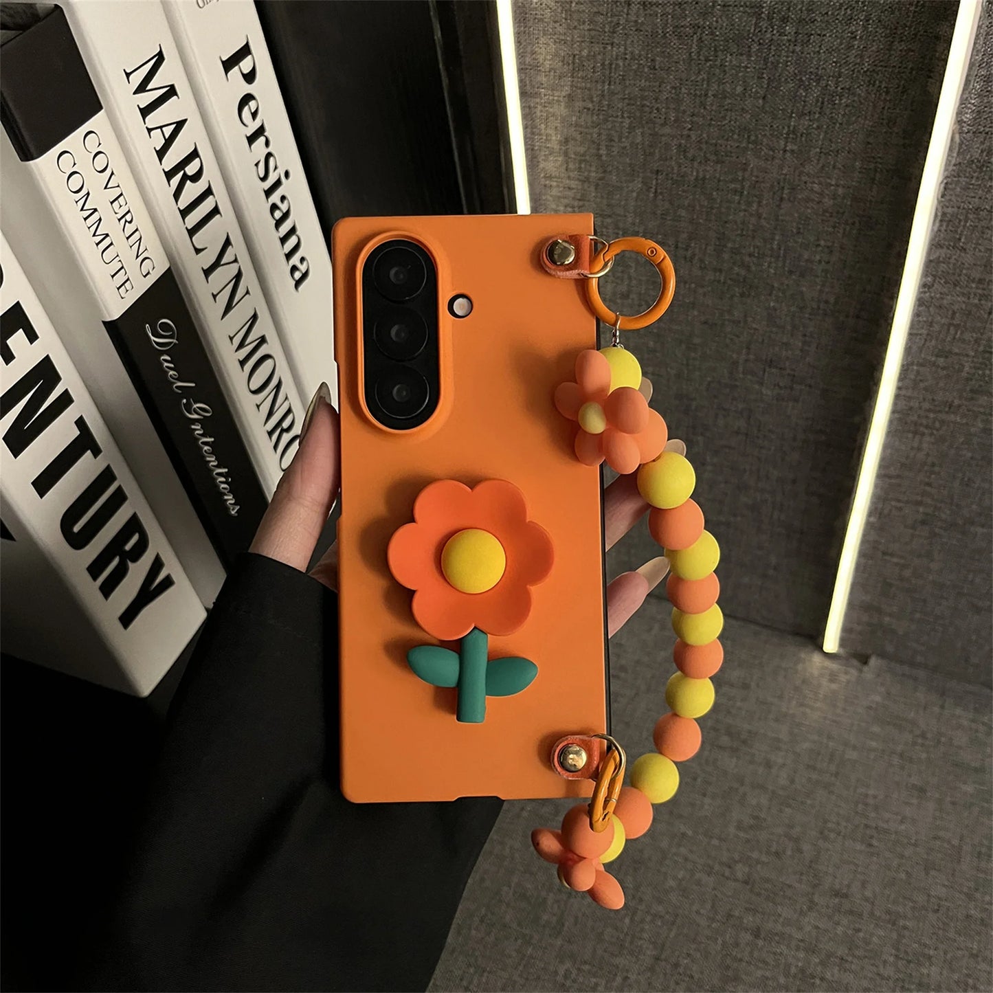 Ins Hot Orange Flower Phone Case with Beads Bracelet for Samsung Galaxy Z Fold 7 Z Fold6 Fold5 Fold7 Back Cover