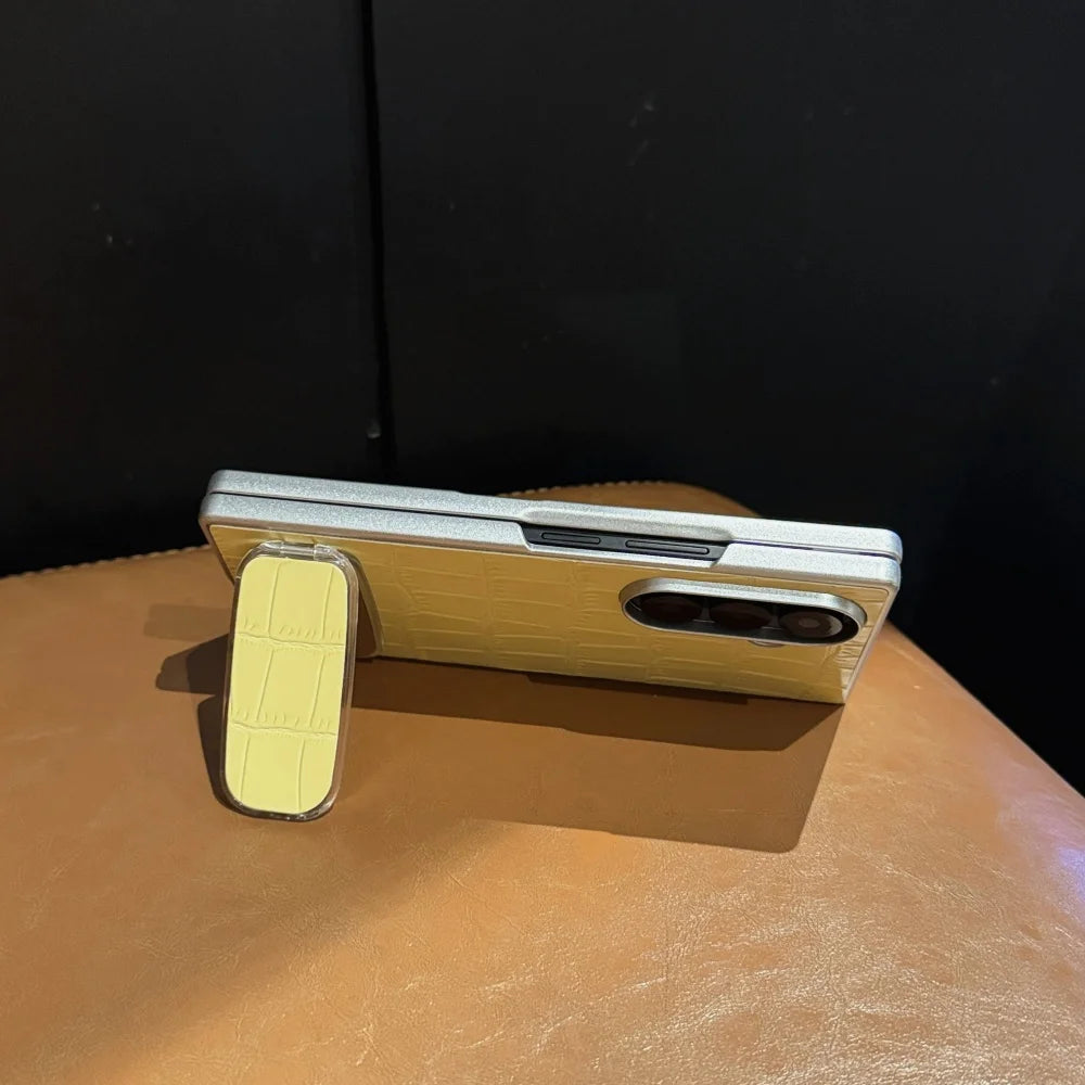 3D Crocodile Skin Pattern PU Phone Case For Samsung Galaxy Z Fold 7 6 5 4 3 Fold7 ins Y2K Invisible Makeup Mirror Bracket Cover