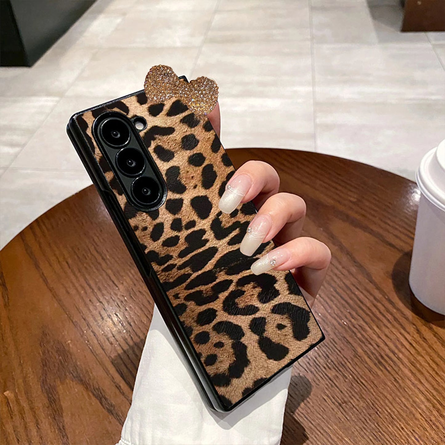 Fashion Leopard Print PC Hard Phone Case for Samsung Galaxy Z Fold 3/4/5/6/7 5G 3D Diamond Bowknot, Ultra Thin Luxury,Shockproof