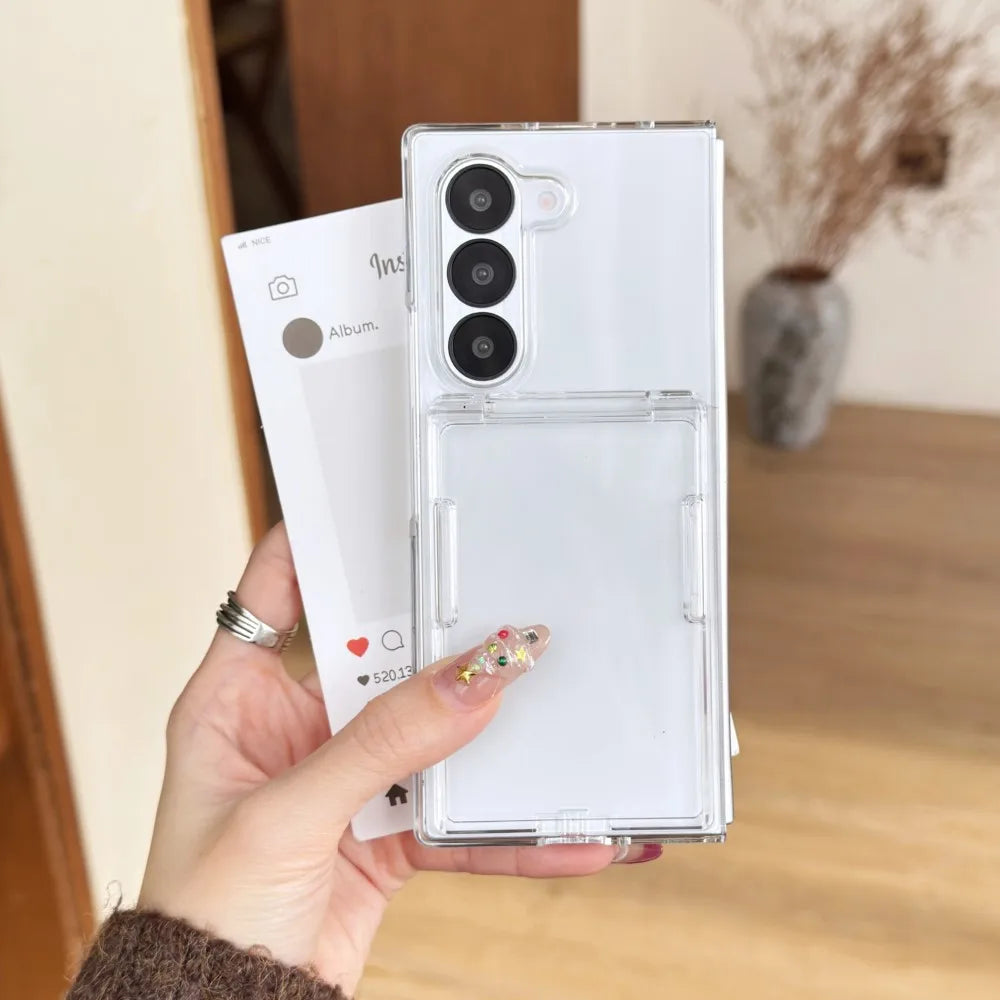 Wallet Clip Flip Slot Card Stand Case For Samsung Galaxy Z Fold 6 5 Luxury Folding Bracket Transparent Shockproof Matte PC Cover