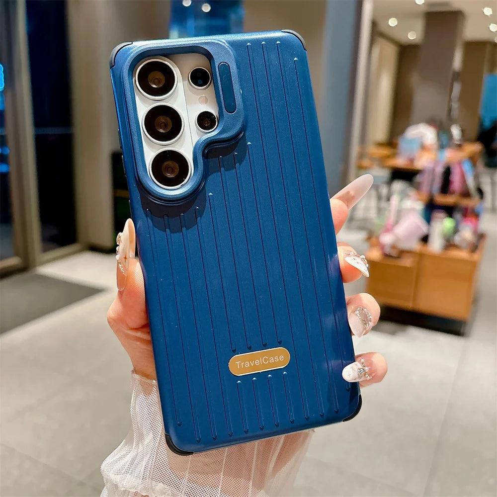 Lens Mount Luggage Armor Phone Case for Samsung S26 S25 S24 S23 Ultra Solid Color Striped Shockproof Bumper Protection Cover