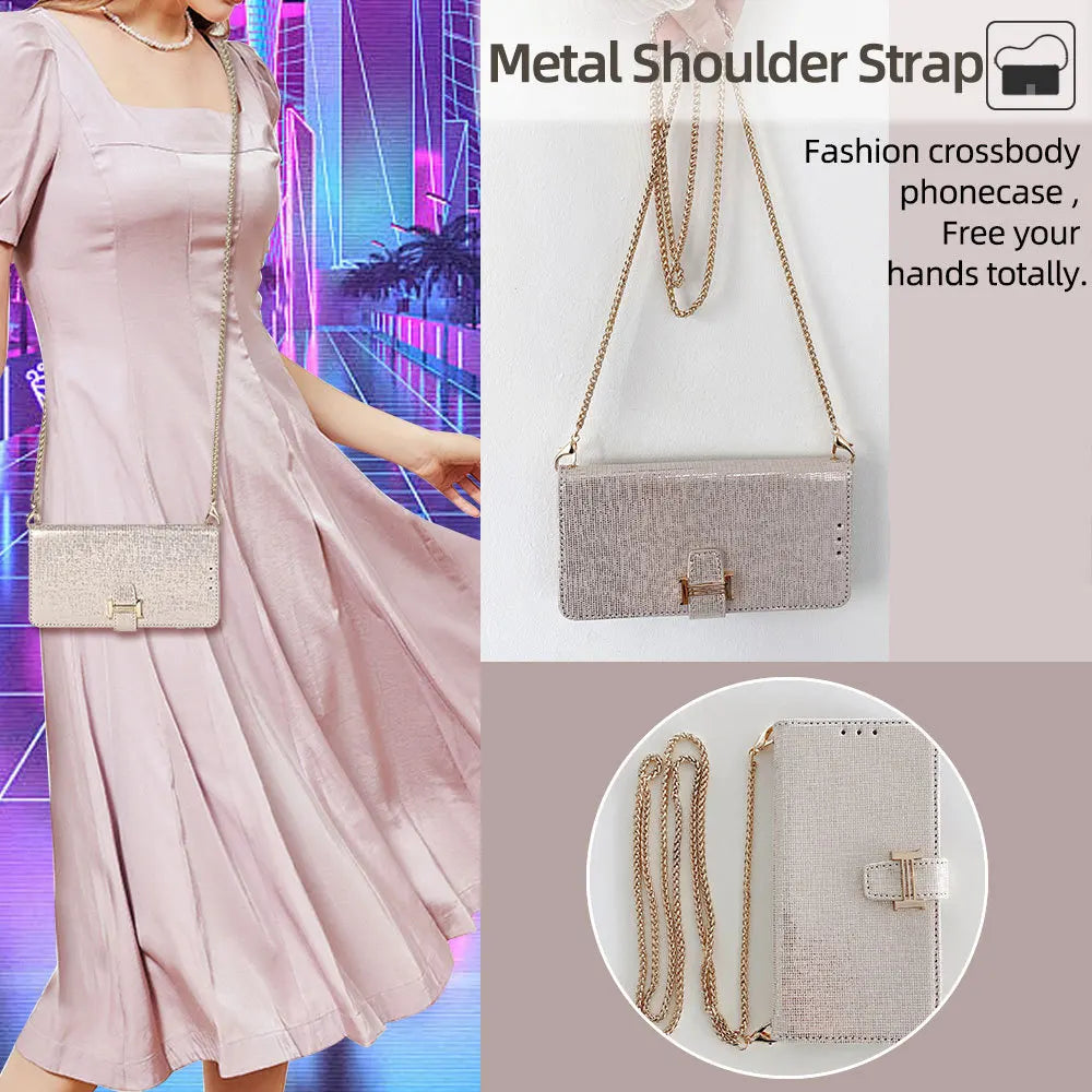 Metal Shoulder Strap Case for Google Pixel 10 Pro XL 10A 9 9A 8 8A 7 7A 6 6A Luxuty Crossbody Leather 3 Cards Wallet Flip Cover
