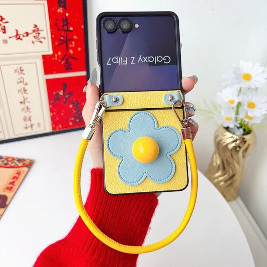 Leather Wristband Z Flip7 3D Flowers Phone Case for Samsung Galaxy Z Flip 7 6 5 4 3 5G Flip7FE Hinge Protective Shockproof Cover