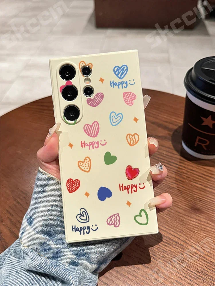 Colorful Love Heart Happy Phone Case For Samsung Galaxy S24 Ultra S25 S23 S22 Plus S20 FE A54 A55 A15 A35 A51 A71 A72 A73 Cover