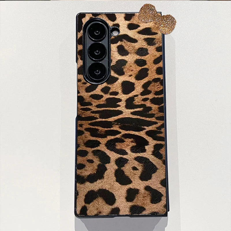 Fashion Leopard Print PC Hard Phone Case for Samsung Galaxy Z Fold 3/4/5/6/7 5G 3D Diamond Bowknot, Ultra Thin Luxury,Shockproof