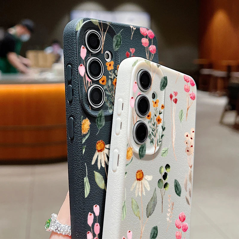 Small Flowers Leather Texture TPU Case For Samsung Galaxy A16 A55 A15 A54 A35 A25 A56 5G S24 FE S25 S23 S22 Ultra Phone Cover
