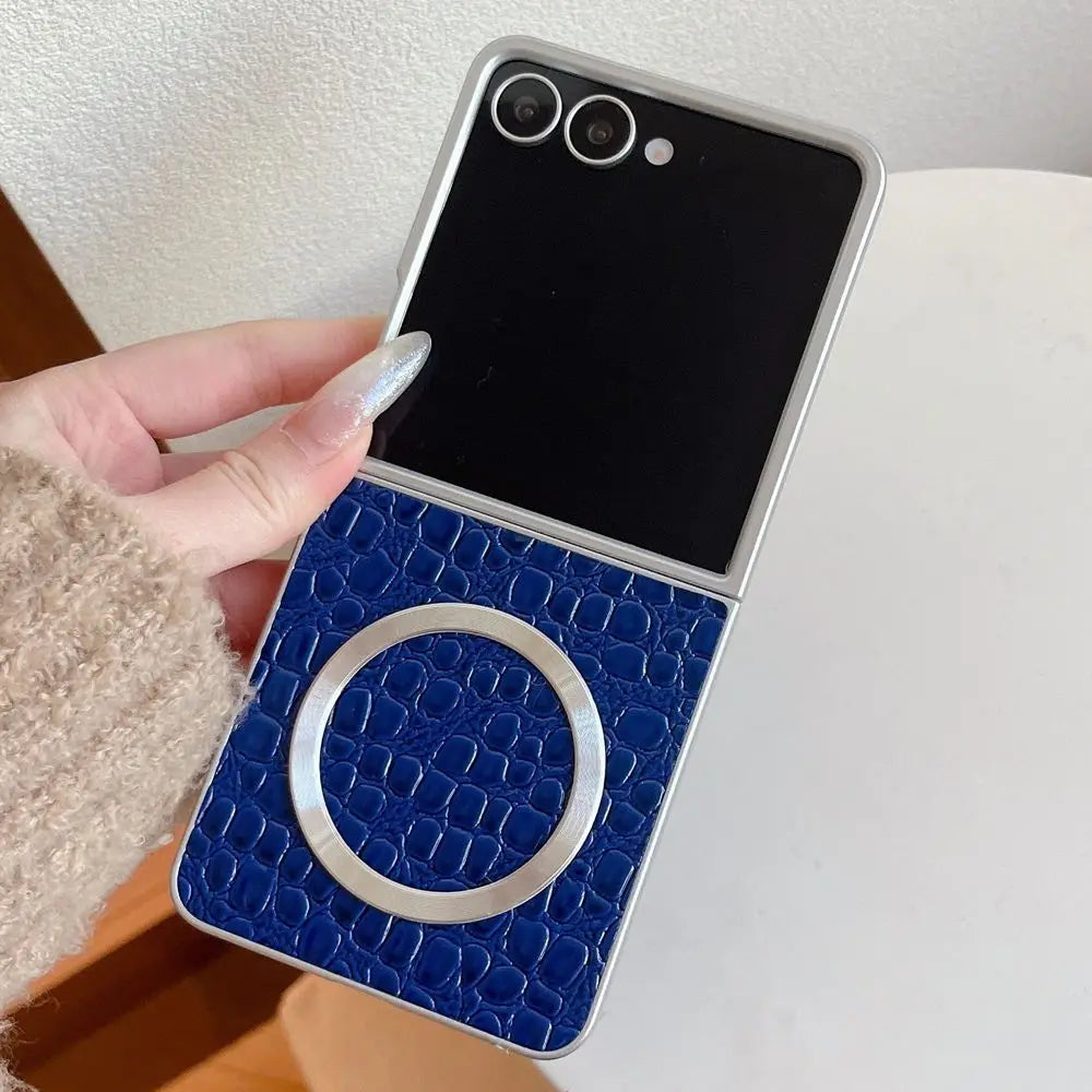 Plating Crocodile Texture For Magsafe Phone Case For Samsung Galaxy Z Flip7 Flip6 5 4 Flip7FE Wireless Charging Shockproof Cover