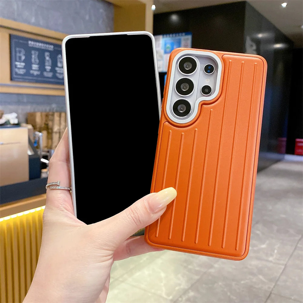 Luxury Luggage Texture Plating Phone Case For Samsung S26 S25 S24 S23 S22 Ultra Solid Color Anti-Slip Striped Protection Cover