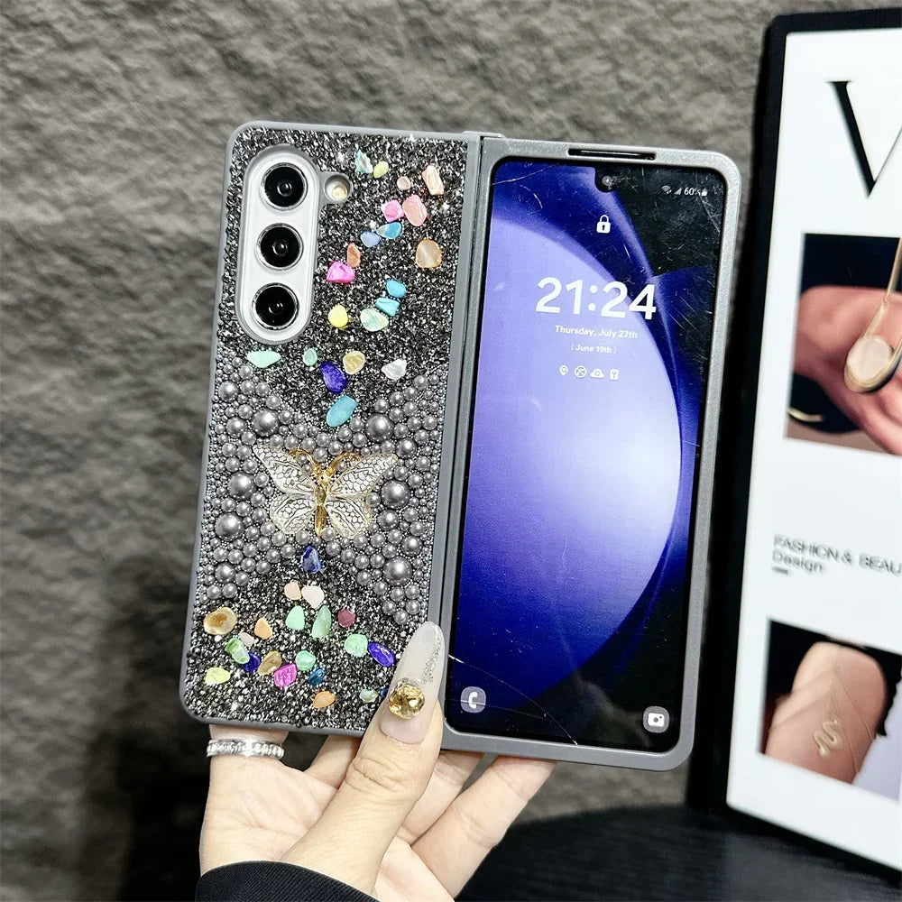 Brand New Unique Butterfly Colorful Jewelled Phone Case For Samsung Galaxy Z Fold 7 6 5 4 3 PC Hard Shell Protection Back Cover