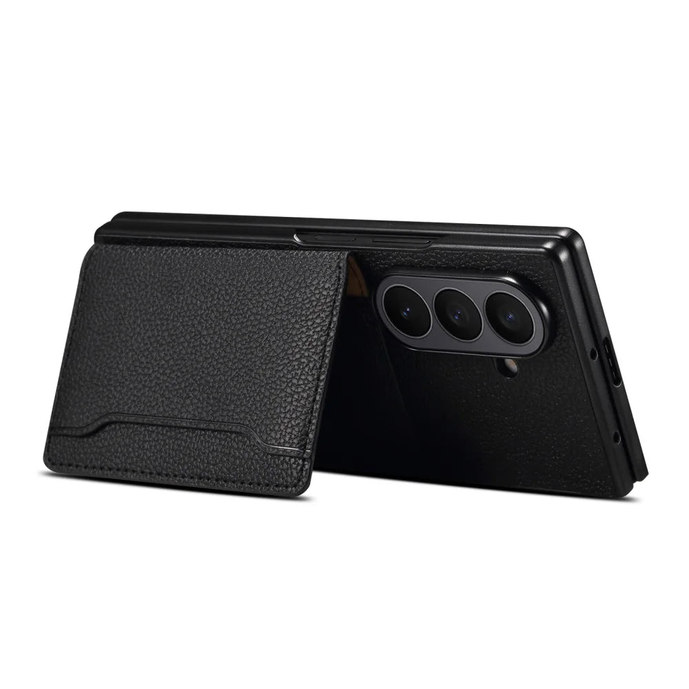 Luxury Litchi Leather Solt Card Holder Folding Wallet Case For Samsung Galaxy Z Fold 7 6 Fold5 Shockproof Soft Silicone Cover