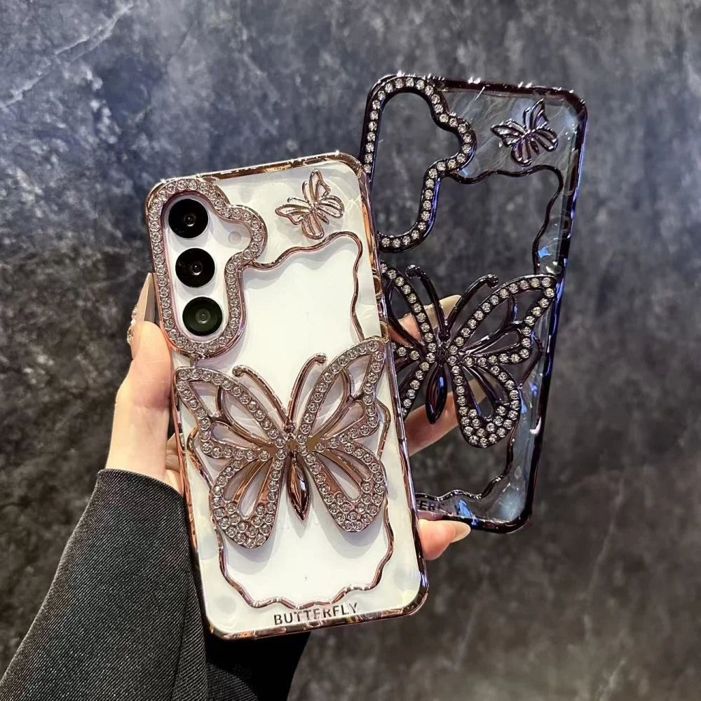 Bright Diamond Butterfly Case For Samsung Galaxy S25 S24 S23 S22 Plus Ultra A16 A26 A36 A56 A07 A17 A06 A55 A05S Clear Cover