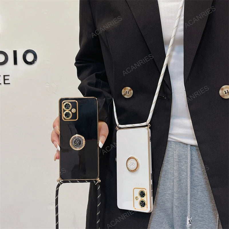 G 84 54 Luxury Plating Crossbody Lanyard Case For Motorola Moto G54 G84 5G Ring Holder Back Cover