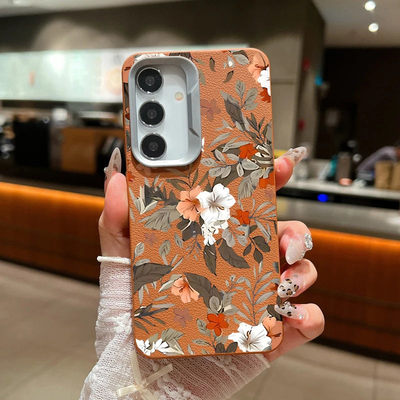 Flower Leaves Case For Samsung Galaxy A55 A35 A25 A15 5G A54 A34 A14 A53 A52 A16 S20 S21 FE S22 S23 S24 Ultra Leather Texture