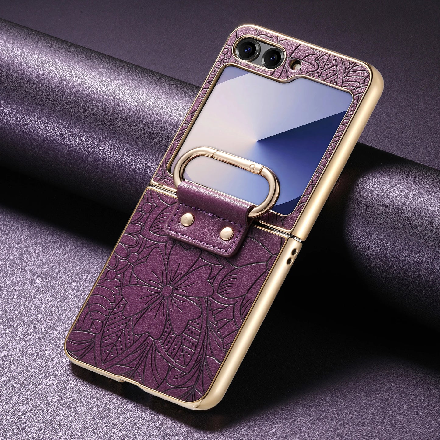 For Samsung Galaxy Z Flip 7 FE 6 5 4  Leather Embossed Flower Phone Case with Ring Buckle Electroplated Shockproof Cover